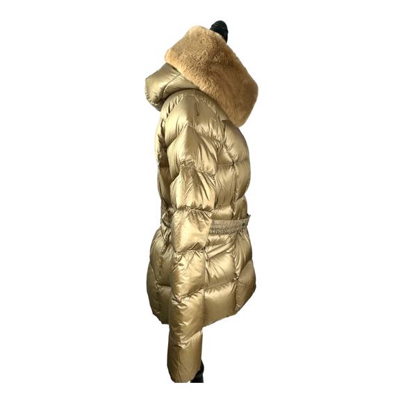 The Recycled Planet faux fur trim hooded downjacket belted brown puffer coat LG - Picture 3 of 11